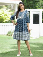 Juniper Blue Rayon Festive Printed Tiered Dress For Women - Distacart