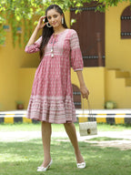 Juniper Onion Pink Rayon Festive Printed Tiered Dress For Women - Distacart