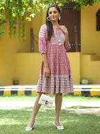 Juniper Onion Pink Rayon Festive Printed Tiered Dress For Women - Distacart