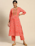 Sangria Women Peach-Coloured Ethnic Printed Mirror Work Pure Cotton Kurta with Trousers