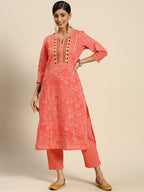 Sangria Women Peach-Coloured Ethnic Printed Mirror Work Pure Cotton Kurta with Trousers