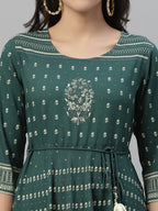 Juniper Green Rayon Festive Printed Flared Dress For Women - Distacart