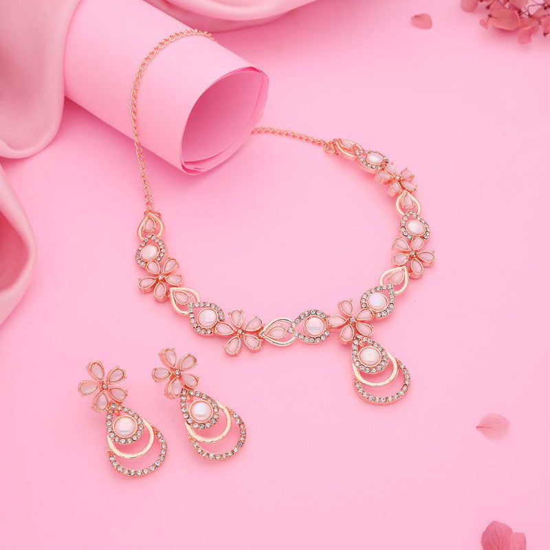 Tehzeeb Creations Rose Gold-Polished Baby Pink Colour Necklace With Stud
