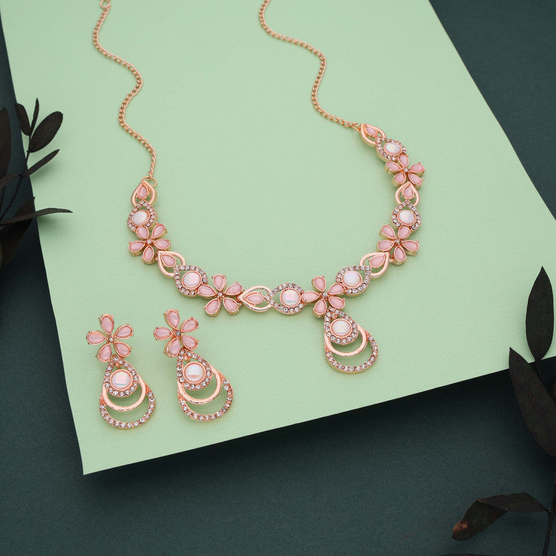 Tehzeeb Creations Rose Gold-Polished Baby Pink Colour Necklace With Stud