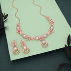 Tehzeeb Creations Rose Gold-Polished Baby Pink Colour Necklace With Stud