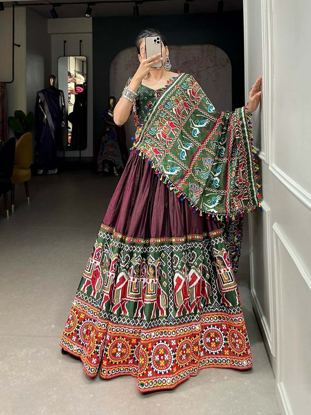 Vastranavya Traditional Patola Print With Gamthi & Mirror Work Lehenga Choli - Brown