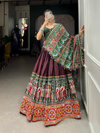Vastranavya Traditional Patola Print With Gamthi & Mirror Work Lehenga Choli - Brown