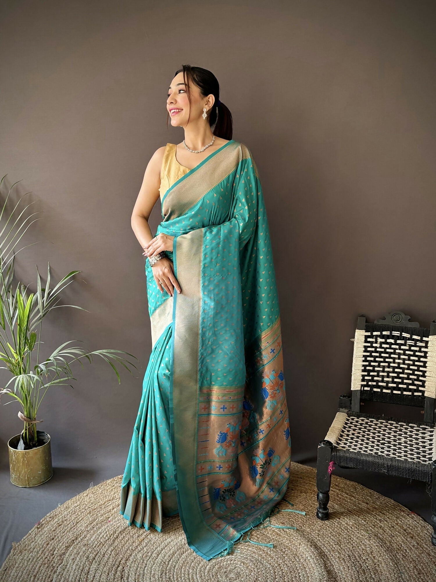 Joban Fashion Teal Green Jacquard Butti Soft Lichi Silk Paithani Saree - Distacart