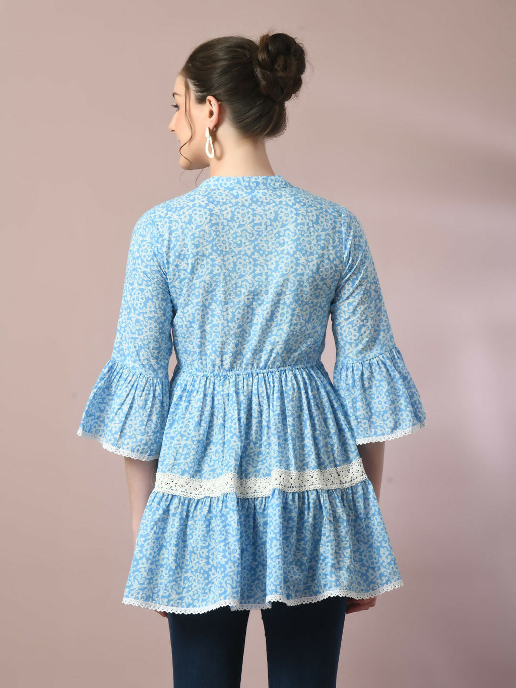 Myshka Women's Blue Embellished Cotton Gathered Party Empire Top