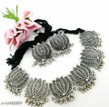 Tehzeeb Creations Women's Silver Colour Oxidised Lotus Design Necklace Set