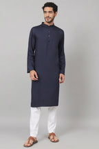 Giza Cotton Navy Blue Plain Kurta by Hilo Design