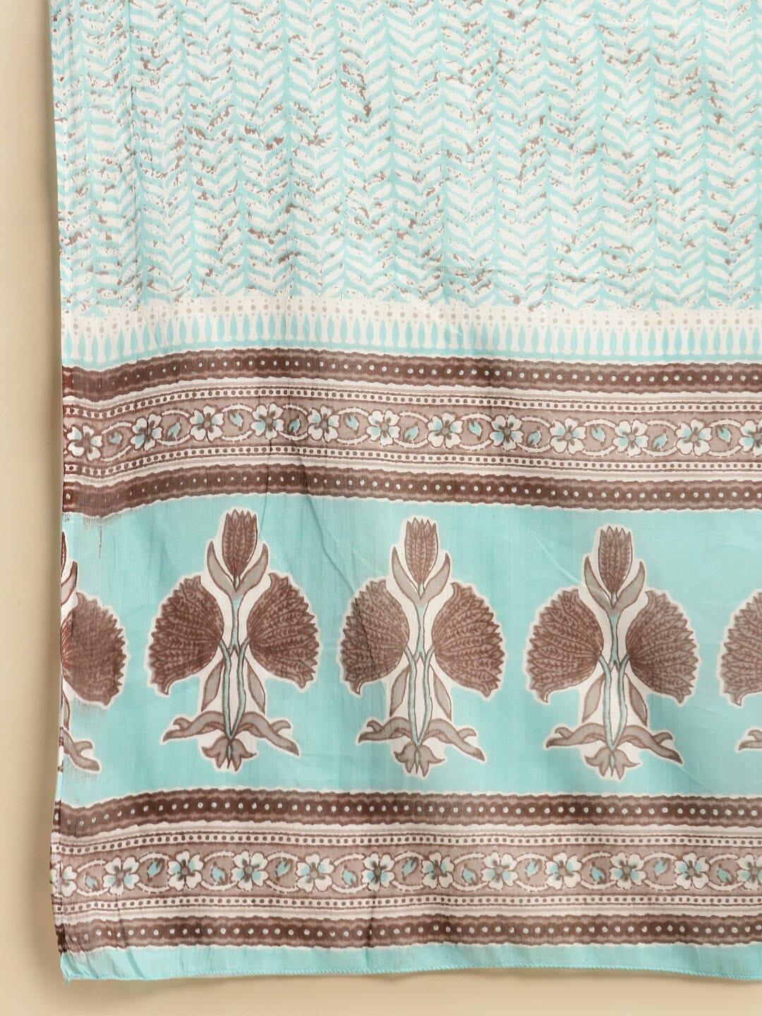 Sangria Sea Green & Brown Floral Printed Pure-Cotton Straight Kurta With Trouser & Dupatta