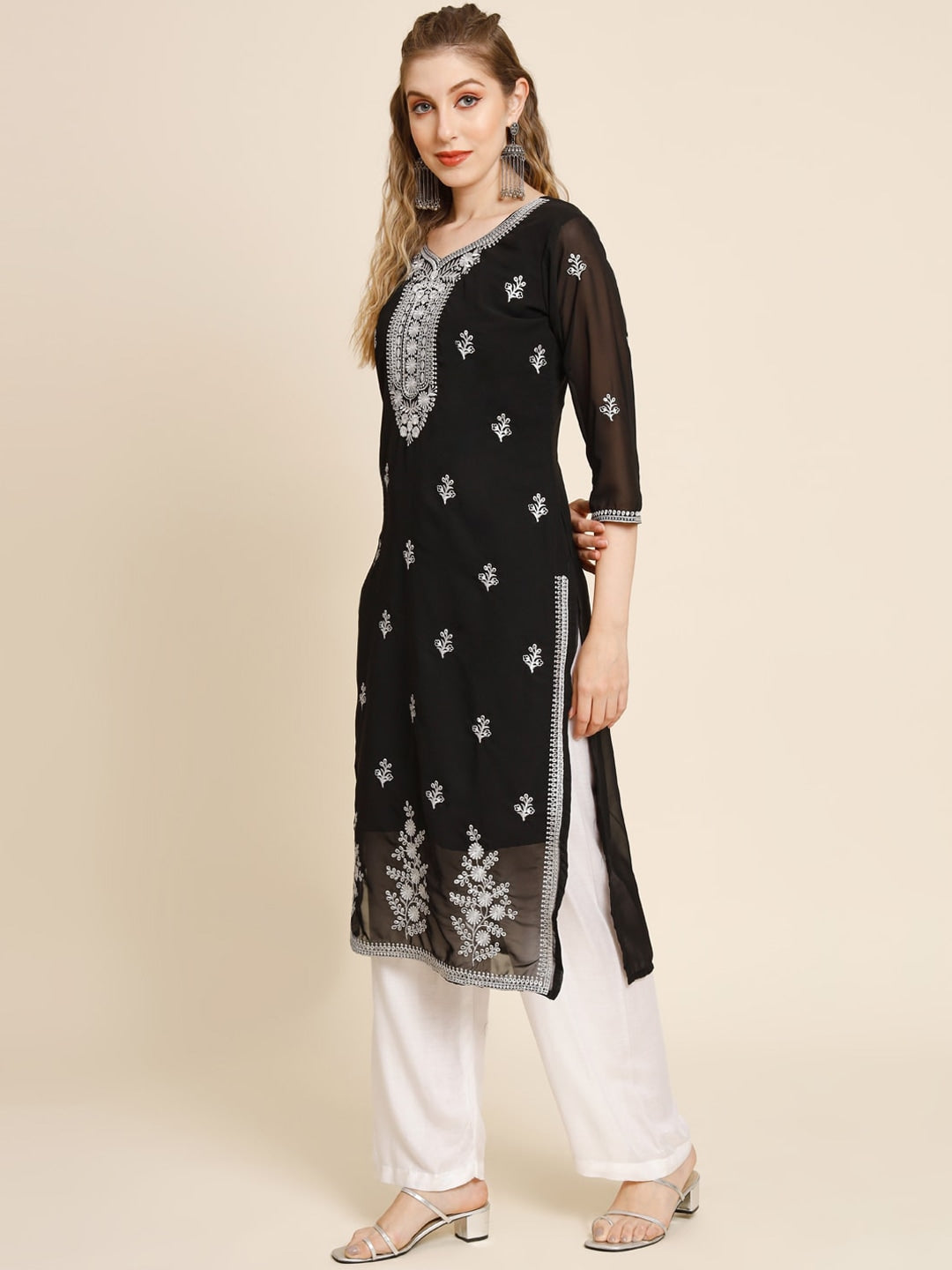 HERE&NOW Ethnic Motifs Embroidered Sequined Georgette Kurta