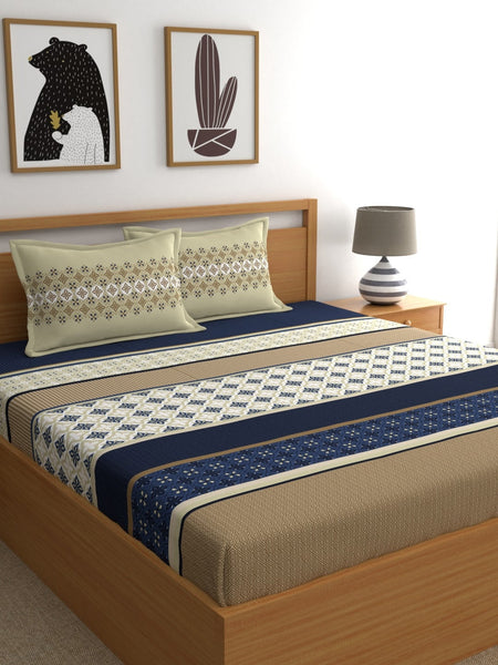 Home Ecstasy Blue & Beige Ethnic Motifs 140 TC King Bedsheet with 2 Pillow Covers