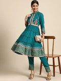Sangria Women Teal Green & Golden Floral Embroidered Kurta with Trousers