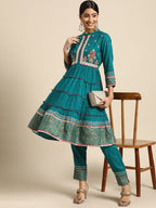 Sangria Women Teal Green & Golden Floral Embroidered Kurta with Trousers