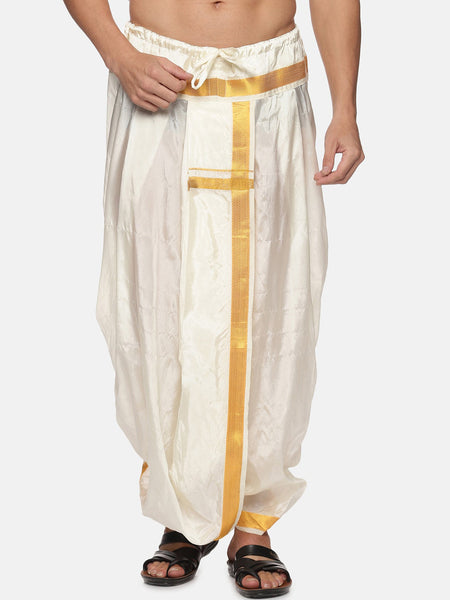 Sethukrishna Men Cream-Coloured & Gold-Coloured Solid Art Silk Dhoti Pants