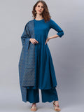 Janasya Blue Printed Pure Cotton Anarkali Kurta & Palazzos With Dupatta - Distacart
