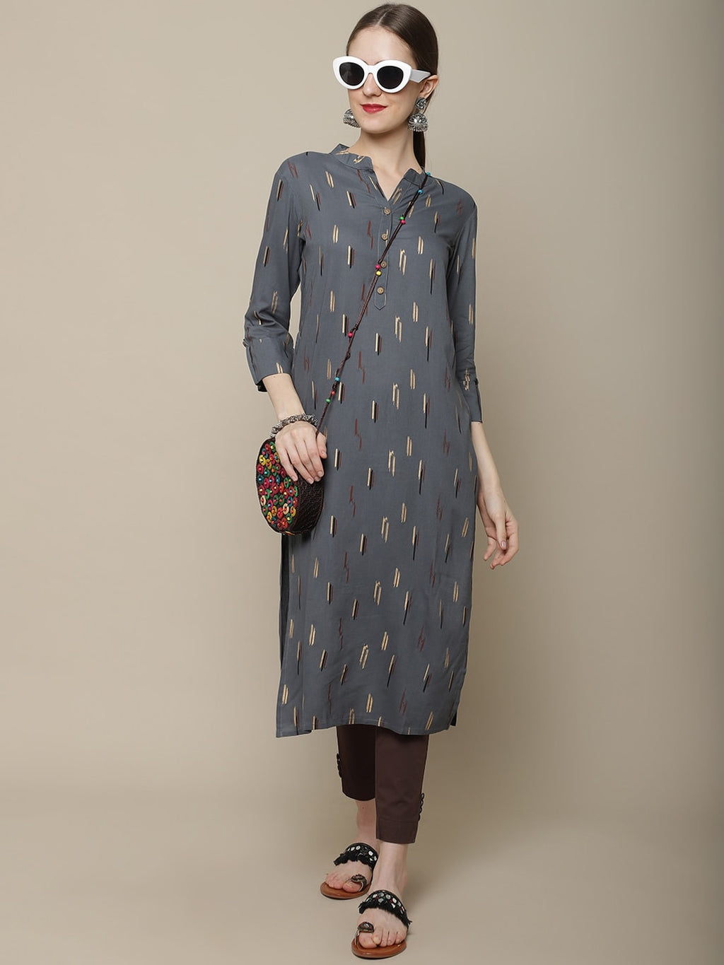 Sangria Women Charcoal & Beige Printed Kurta