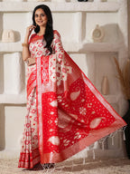 Shree Shyam Fashion Linen Cotton Red & White Saree - Distacart