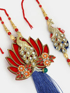 NVR Women & Men Set of 2 Gold-Toned Peacock Design Stone-Studded Bhaiya Bhabhi Rakhi With Roli Chawal - Distacart