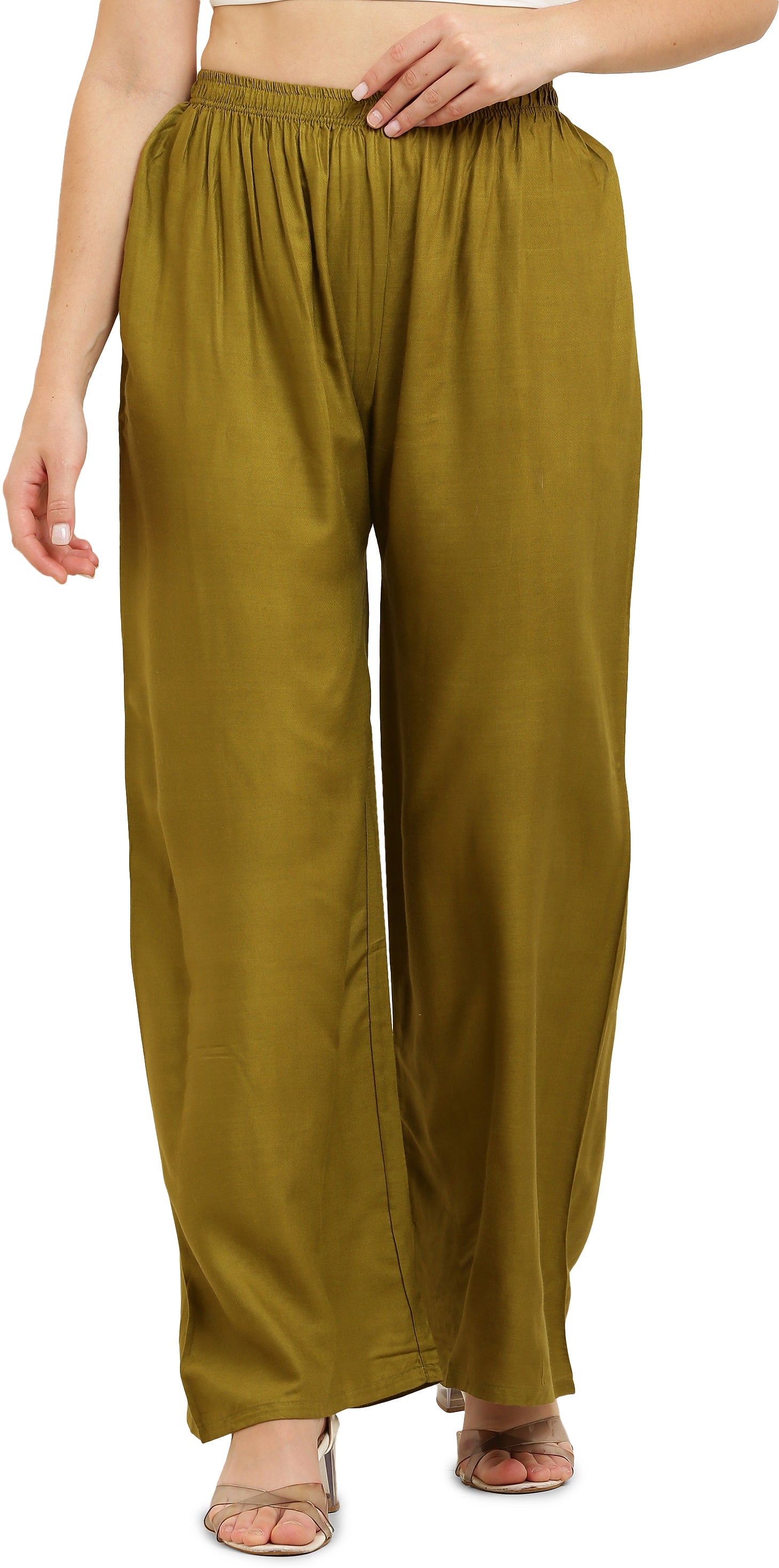 PAVONINE Mehandi Green Color Straight Fit Rayon Fabric Palazzo - Distacart