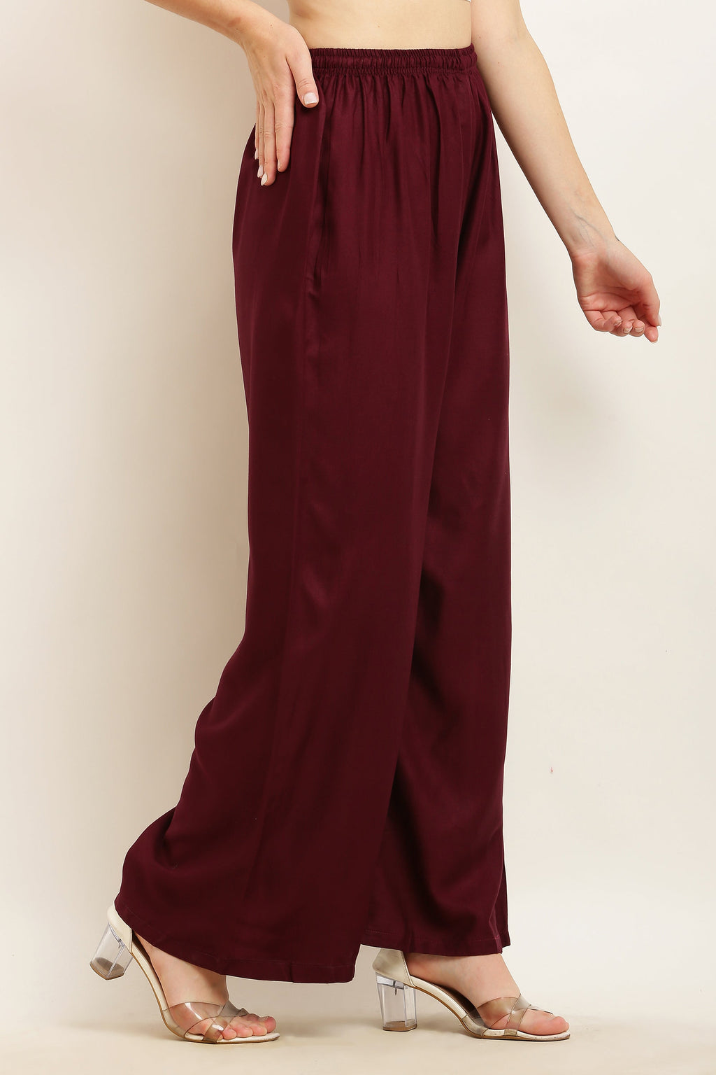 PAVONINE Wine Color Straight Fit Rayon Fabric Palazzo - Distacart