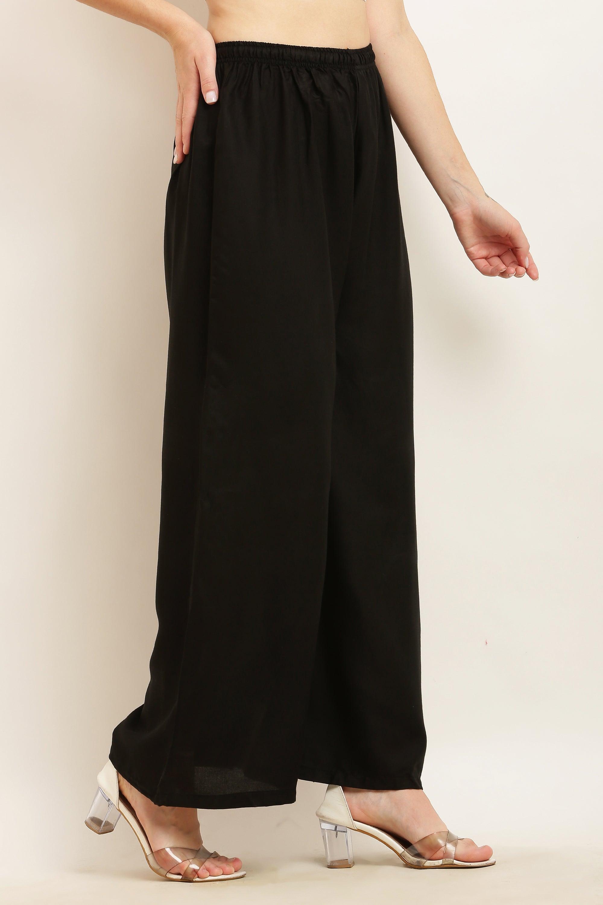 PAVONINE Black Color Straight Fit Rayon Fabric Palazzo - Distacart