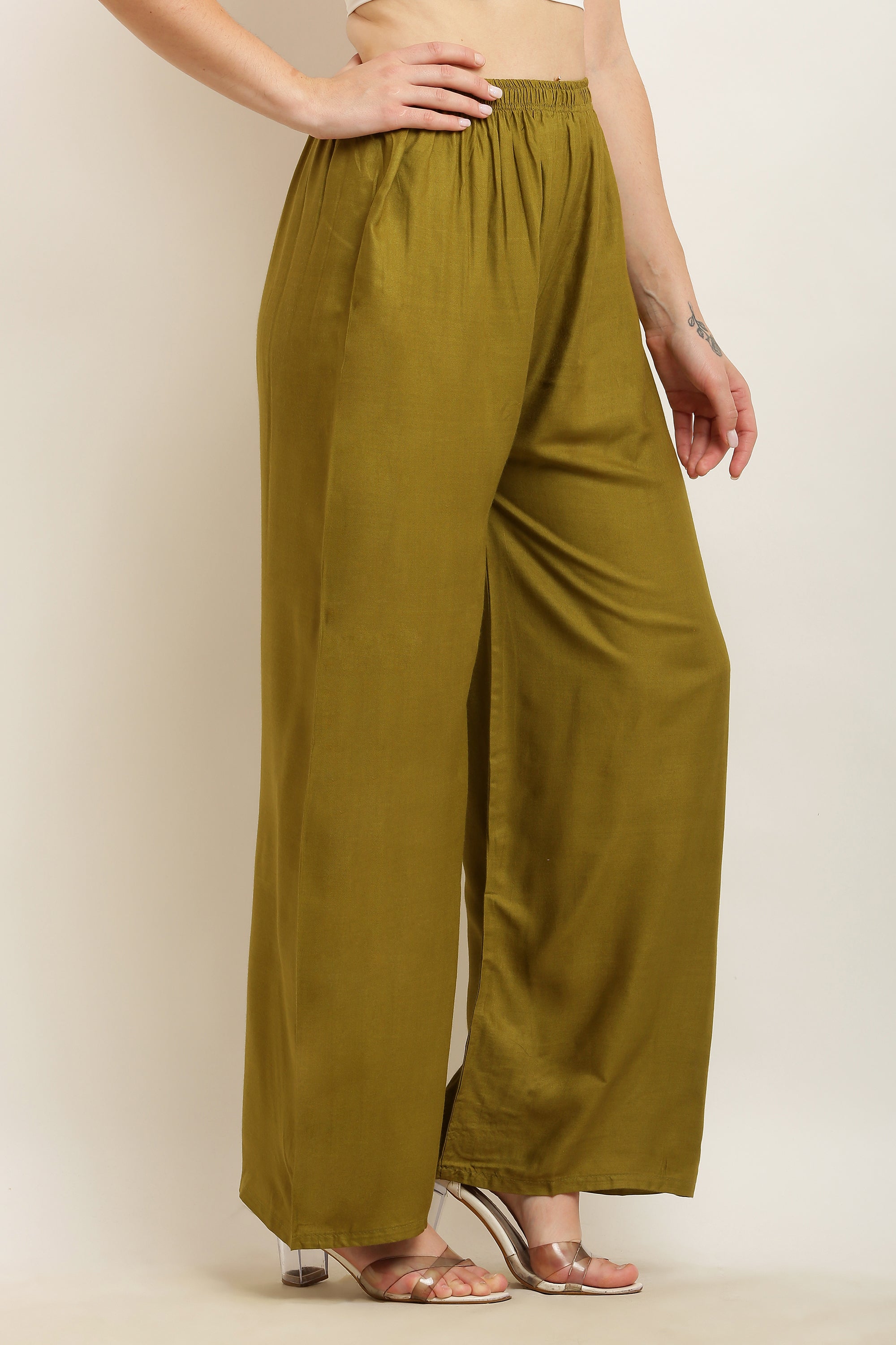 PAVONINE Mehandi Green Color Straight Fit Rayon Fabric Palazzo - Distacart