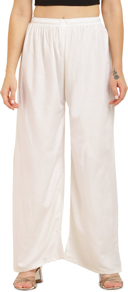 PAVONINE White Color Straight Fit Rayon Fabric Palazzo