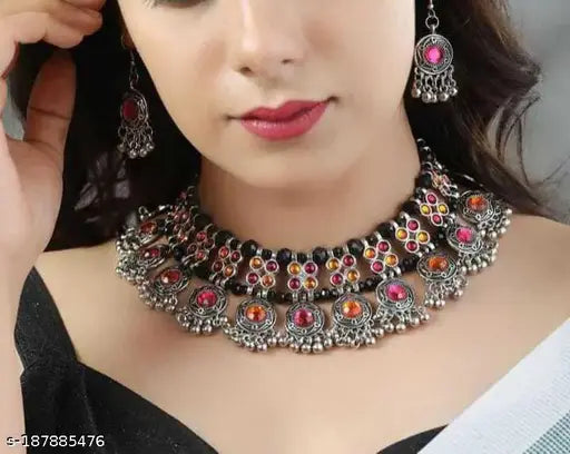 Tehzeeb Creations Women's Multi Colour Meenakari Oxidised Necklace Set