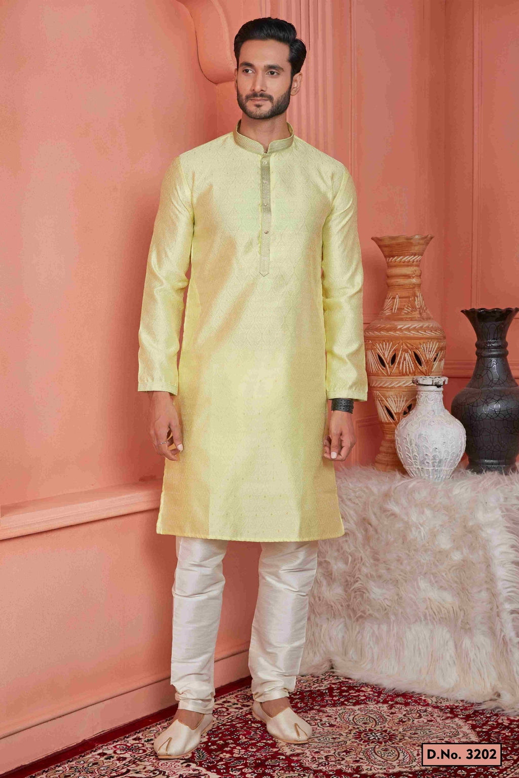 Raivat Ethnic Jacquard Banarasi Silk Pintux Work Kurta Pajama In Yellow Colour - Distacart