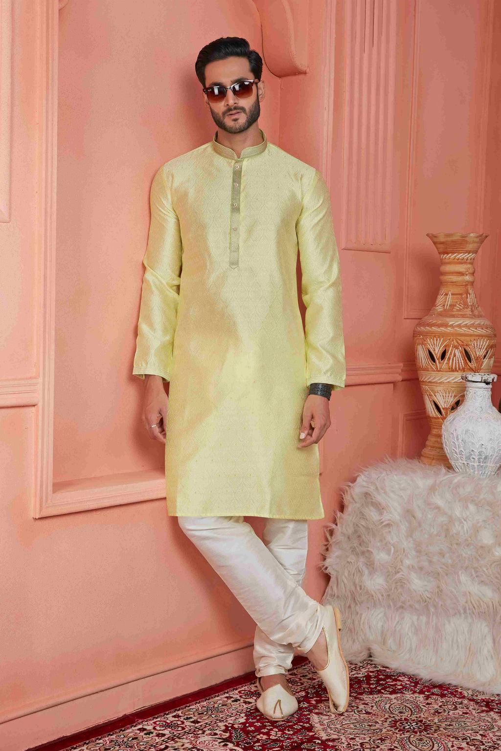 Raivat Ethnic Jacquard Banarasi Silk Pintux Work Kurta Pajama In Yellow Colour - Distacart