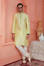 Raivat Ethnic Jacquard Banarasi Silk Pintux Work Kurta Pajama In Yellow Colour - Distacart
