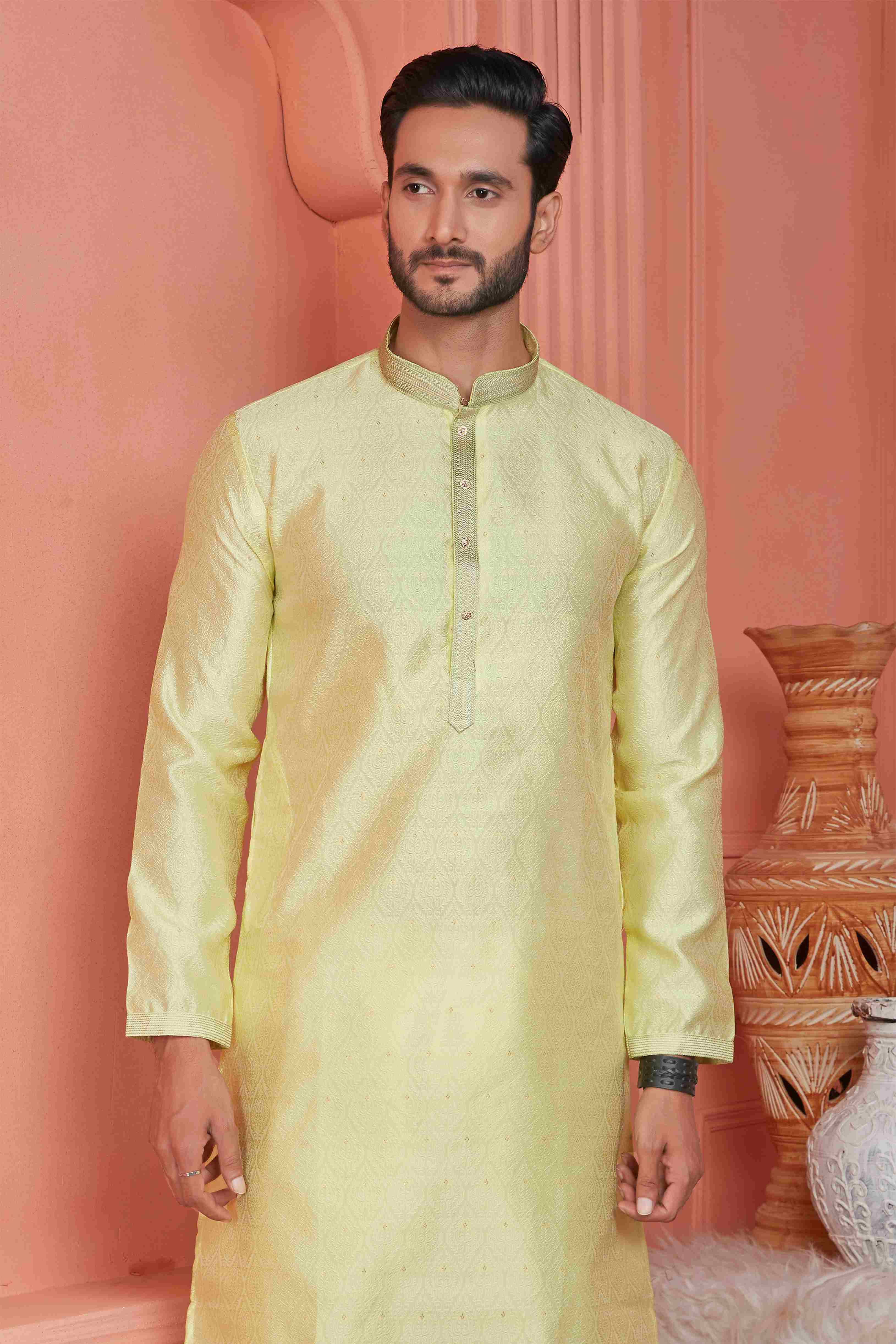 Raivat Ethnic Jacquard Banarasi Silk Pintux Work Kurta Pajama In Yellow Colour - Distacart