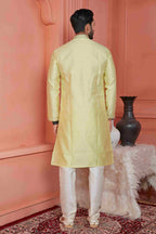 Raivat Ethnic Jacquard Banarasi Silk Pintux Work Kurta Pajama In Yellow Colour - Distacart