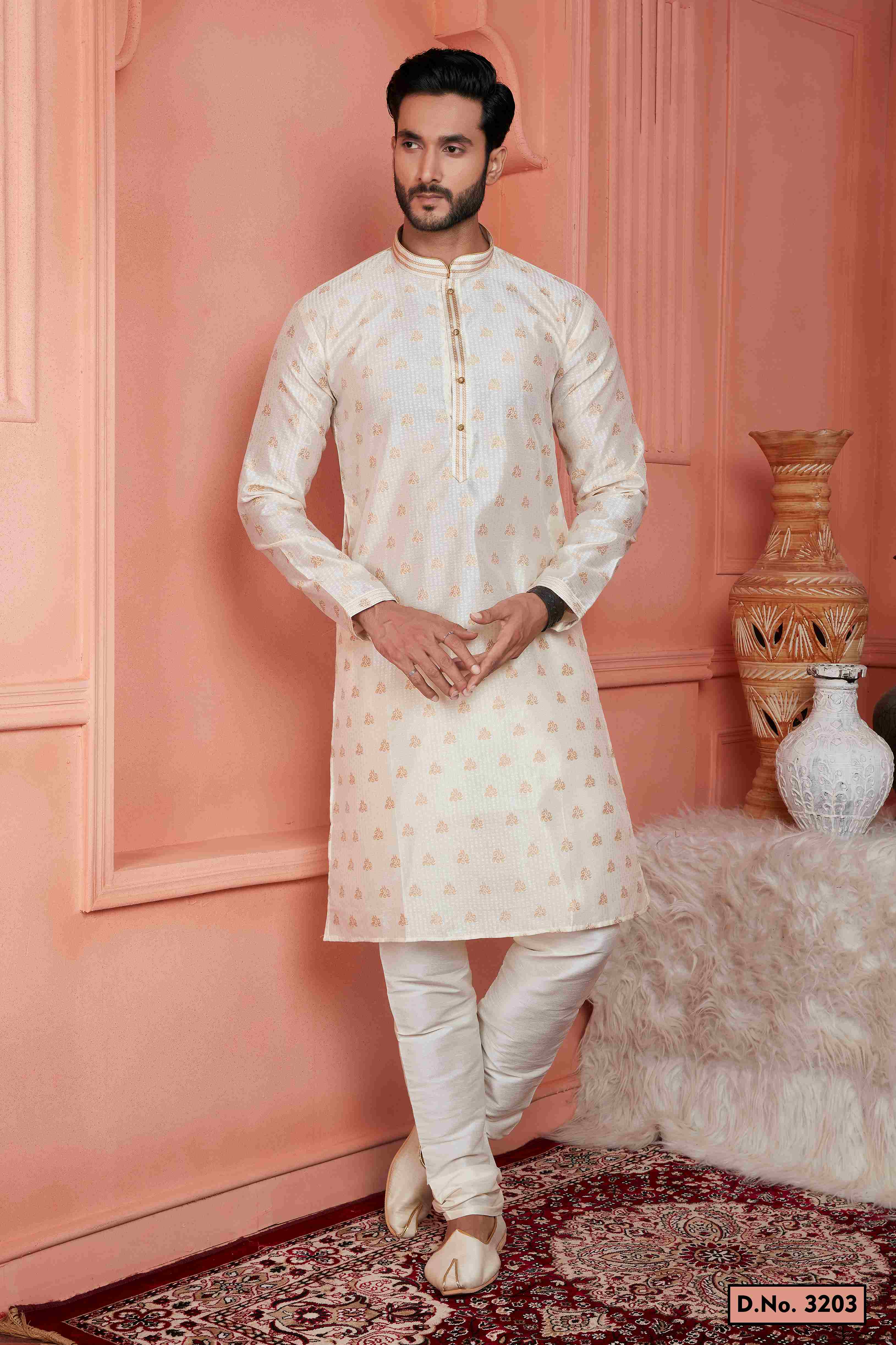 Raivat Ethnic Jacquard Banarasi Silk Pintux Work Kurta Pajama In Cream Colour - Distacart