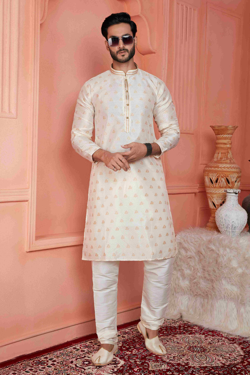 Raivat Ethnic Jacquard Banarasi Silk Pintux Work Kurta Pajama In Cream Colour - Distacart