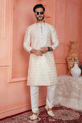 Raivat Ethnic Jacquard Banarasi Silk Pintux Work Kurta Pajama In Cream Colour - Distacart