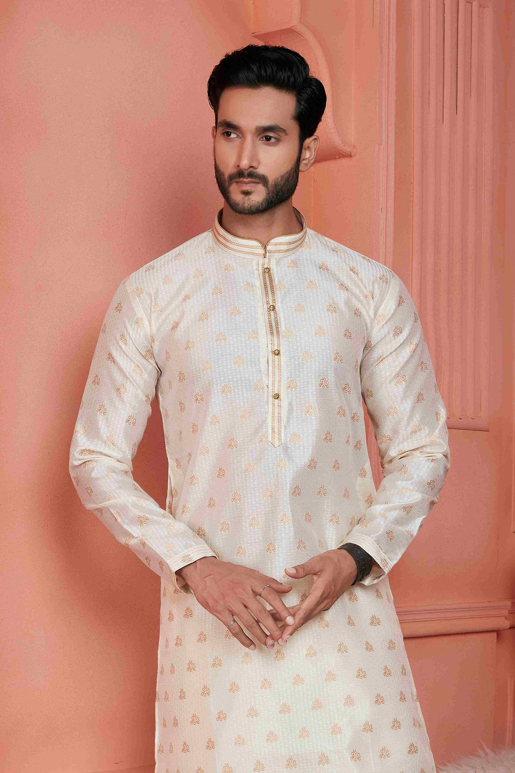 Raivat Ethnic Jacquard Banarasi Silk Pintux Work Kurta Pajama In Cream Colour - Distacart
