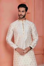 Raivat Ethnic Jacquard Banarasi Silk Pintux Work Kurta Pajama In Cream Colour - Distacart