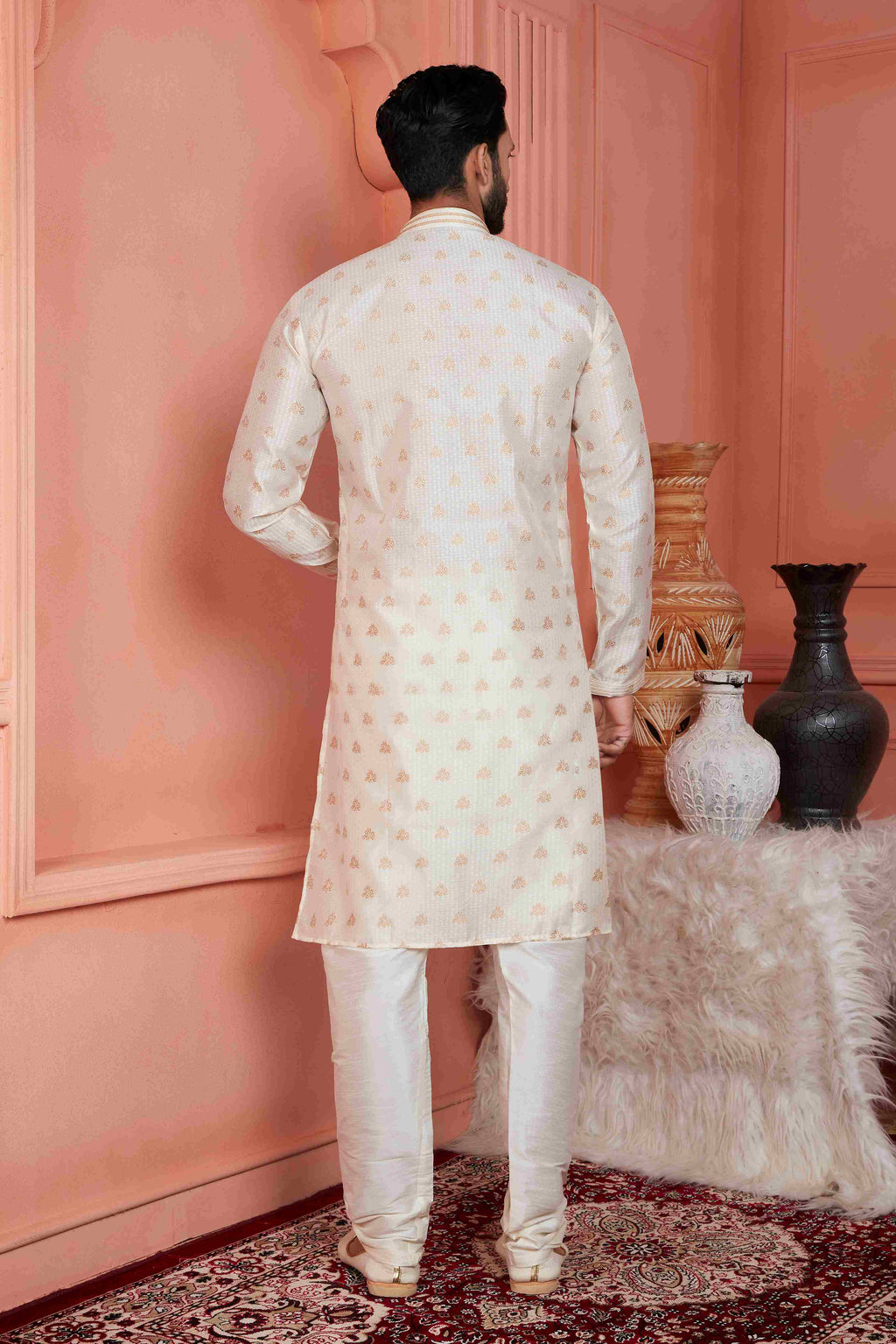 Raivat Ethnic Jacquard Banarasi Silk Pintux Work Kurta Pajama In Cream Colour - Distacart