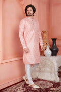 Raivat Ethnic Jacquard Banarasi Silk Pintux Work Kurta Pajama In Peach Colour - Distacart