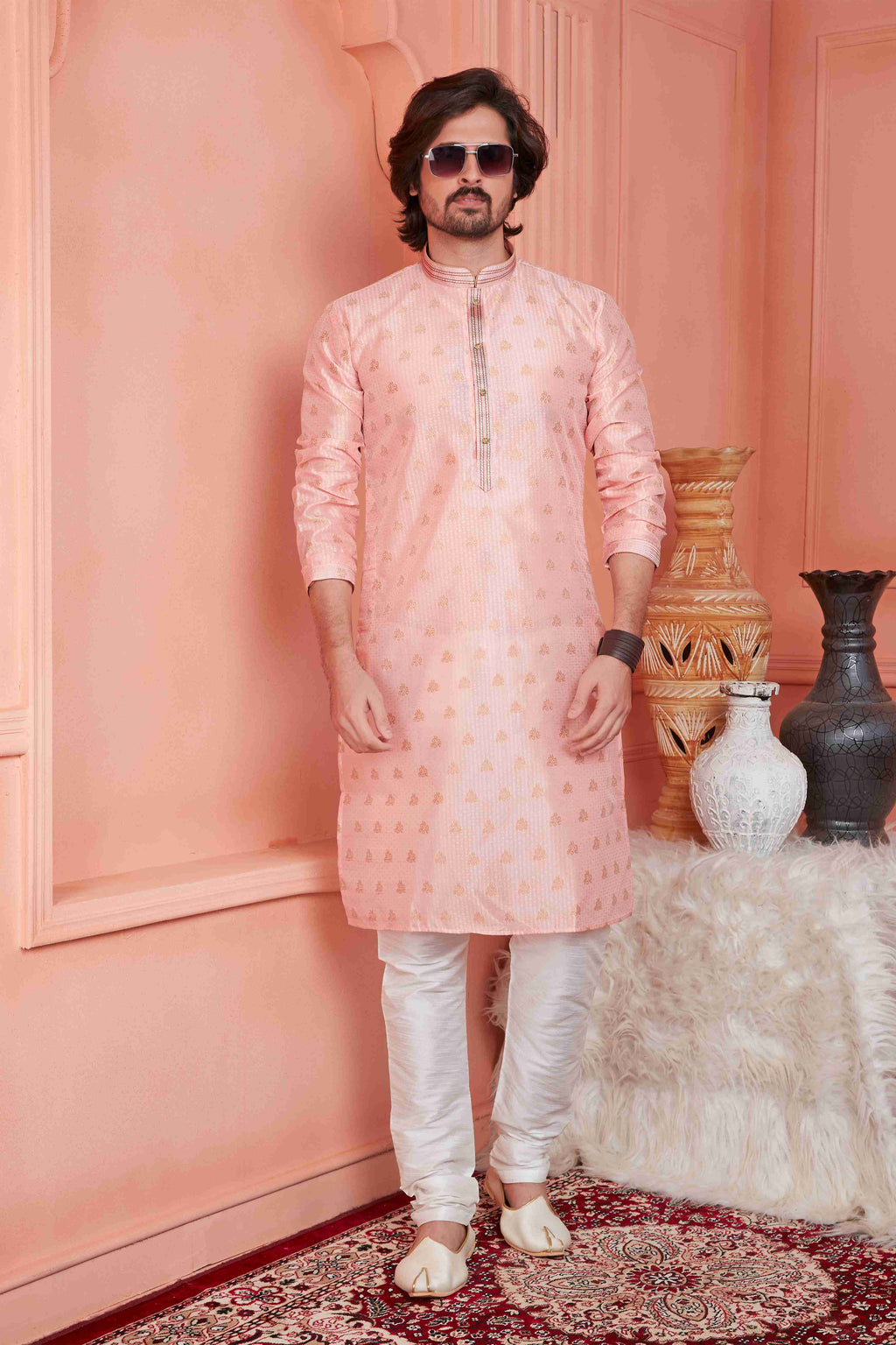 Raivat Ethnic Jacquard Banarasi Silk Pintux Work Kurta Pajama In Peach Colour - Distacart