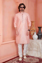 Raivat Ethnic Jacquard Banarasi Silk Pintux Work Kurta Pajama In Peach Colour - Distacart