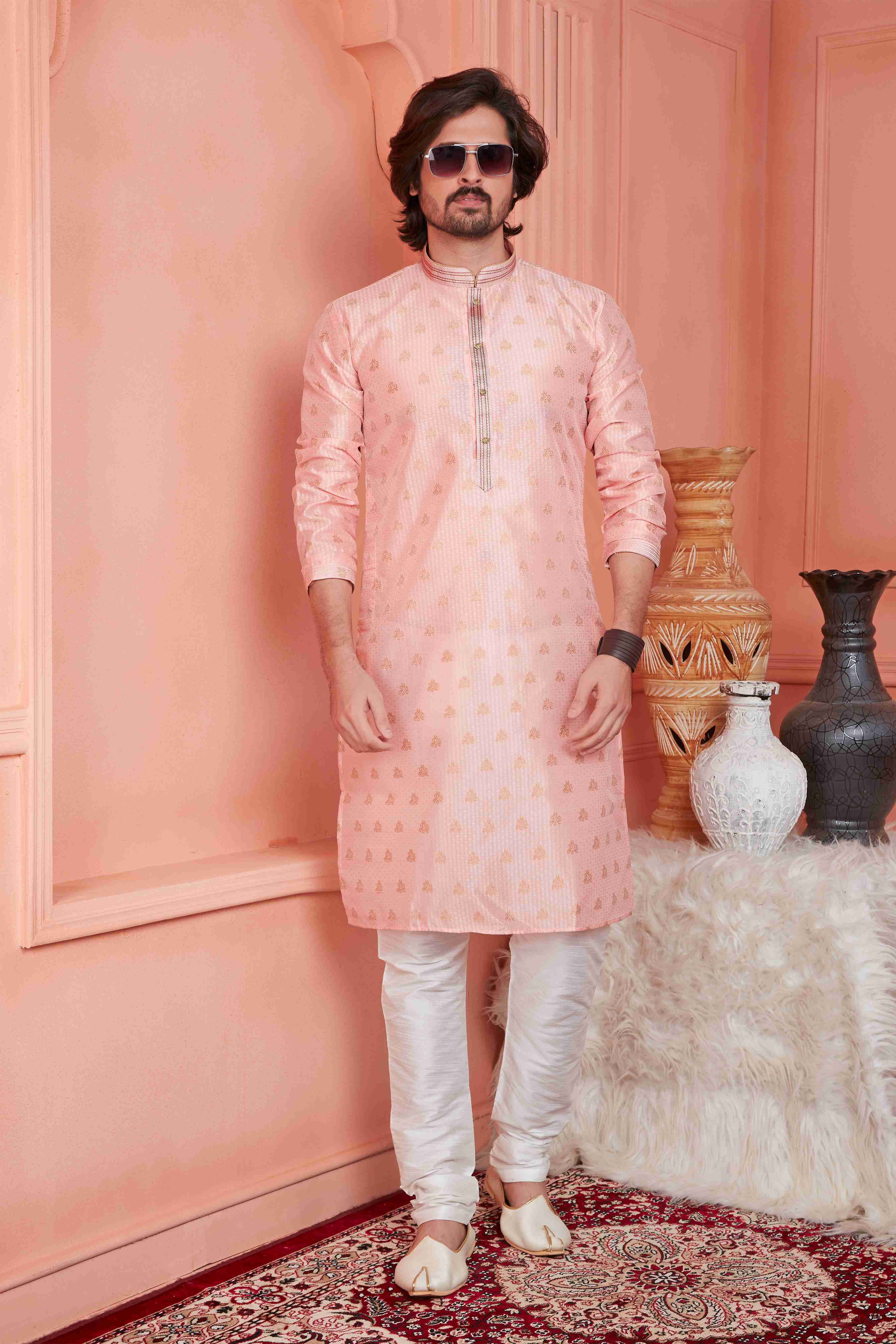Raivat Ethnic Jacquard Banarasi Silk Pintux Work Kurta Pajama In Peach Colour - Distacart