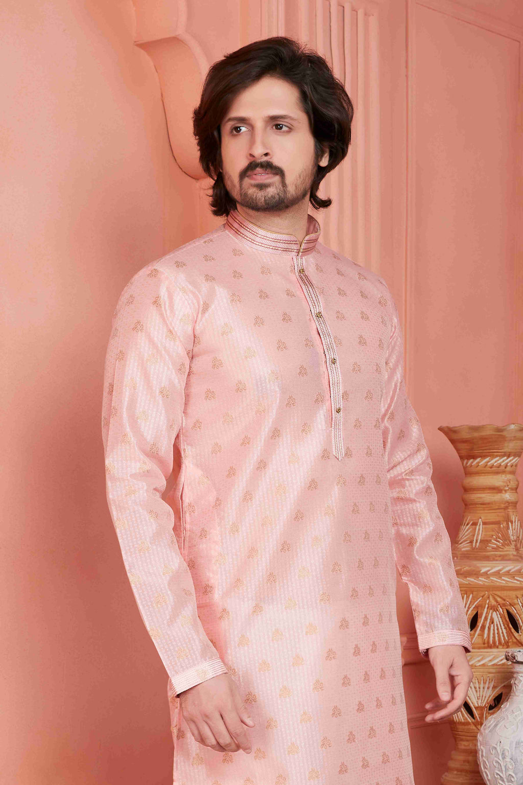 Raivat Ethnic Jacquard Banarasi Silk Pintux Work Kurta Pajama In Peach Colour - Distacart