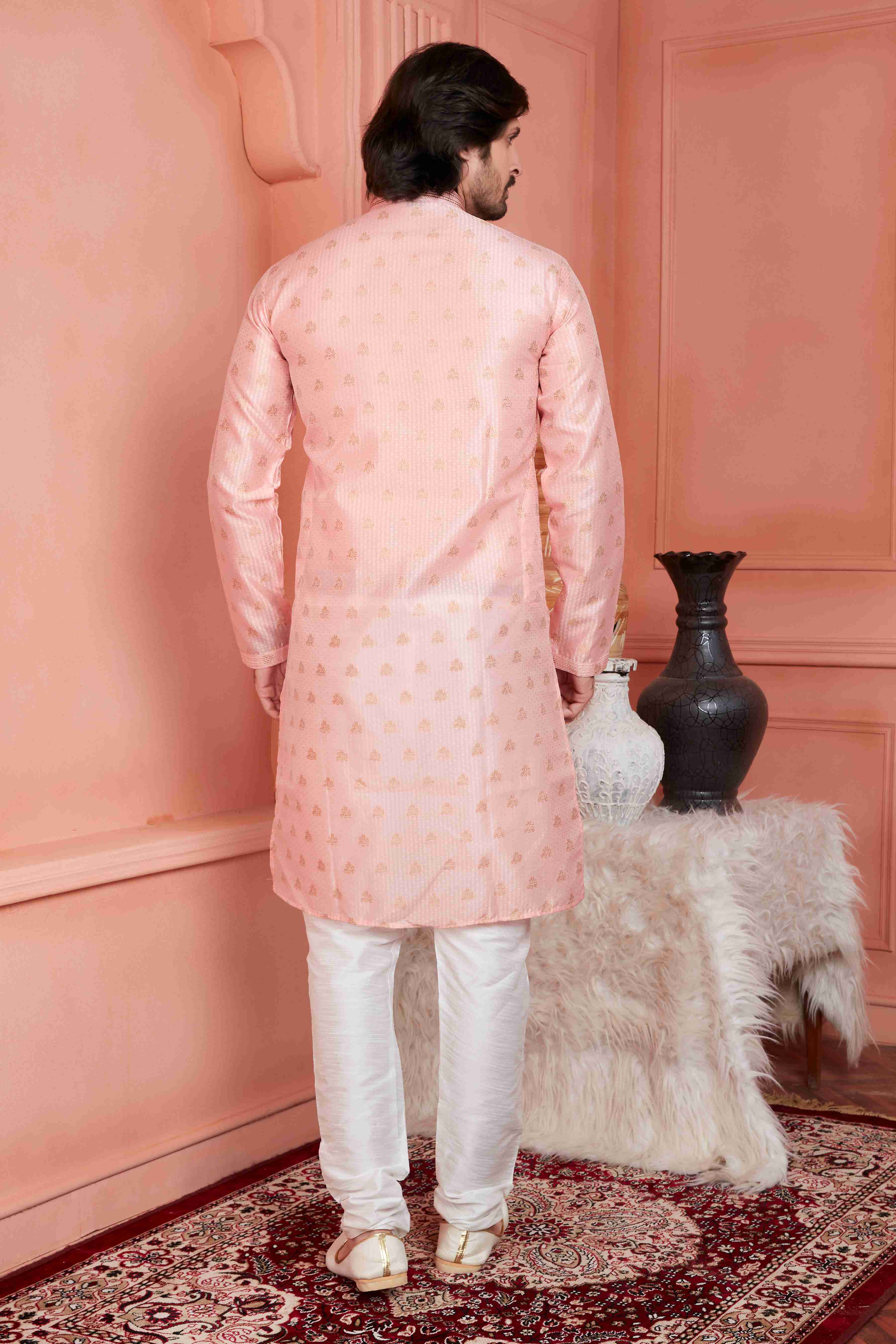 Raivat Ethnic Jacquard Banarasi Silk Pintux Work Kurta Pajama In Peach Colour - Distacart