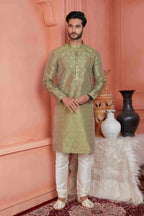 Raivat Ethnic Jacquard Banarasi Silk Pintux Work Kurta Pajama In Green Colour - Distacart