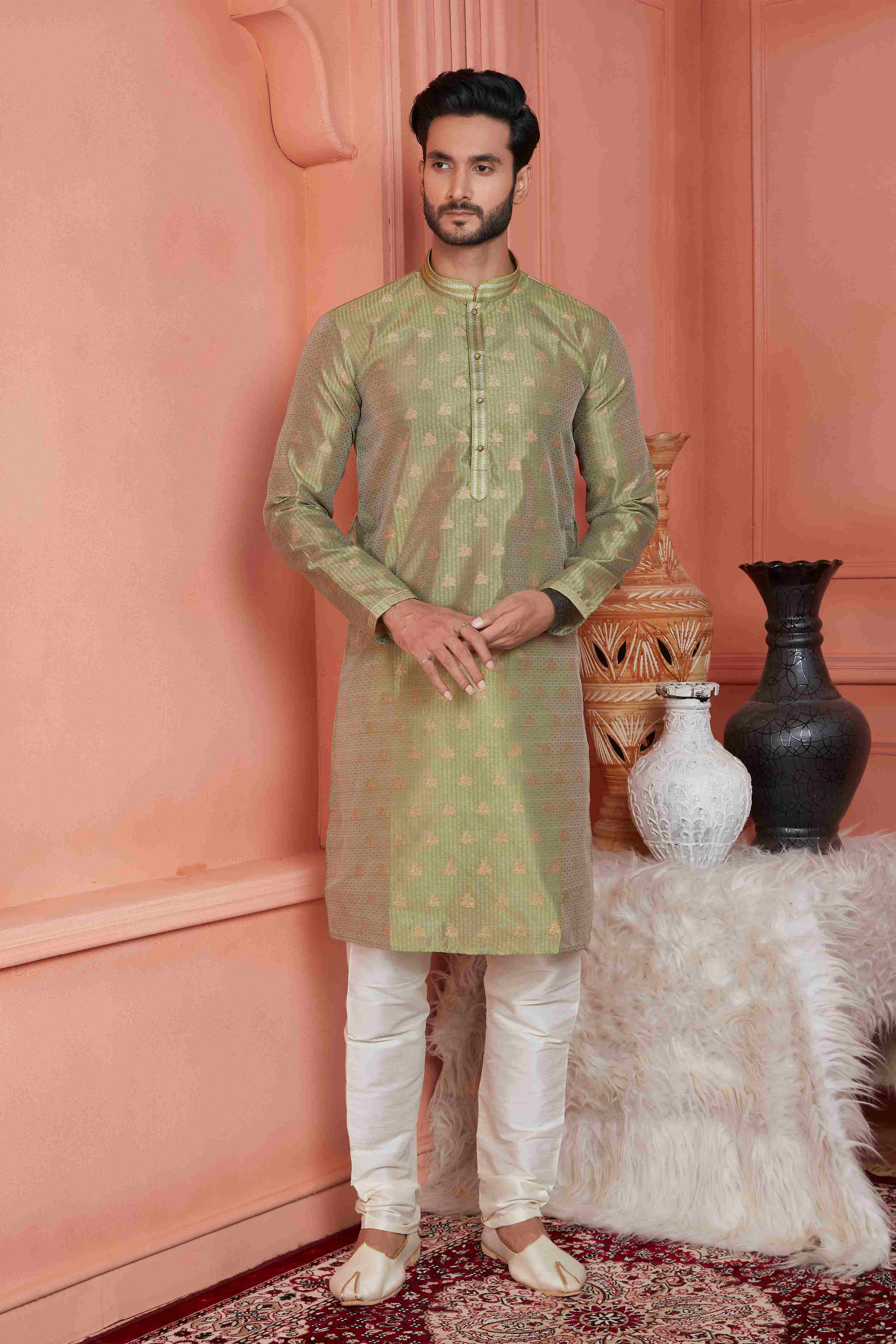 Raivat Ethnic Jacquard Banarasi Silk Pintux Work Kurta Pajama In Green Colour - Distacart